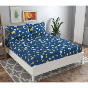 Microfiber Floral Printed Double Bedsheet with 2 Pillow Covers (Blue)