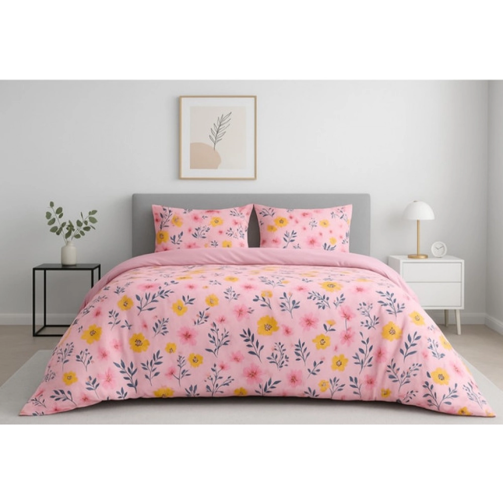 Microfiber Floral Printed Double Bedsheet with 2 Pillow Covers (Pink)