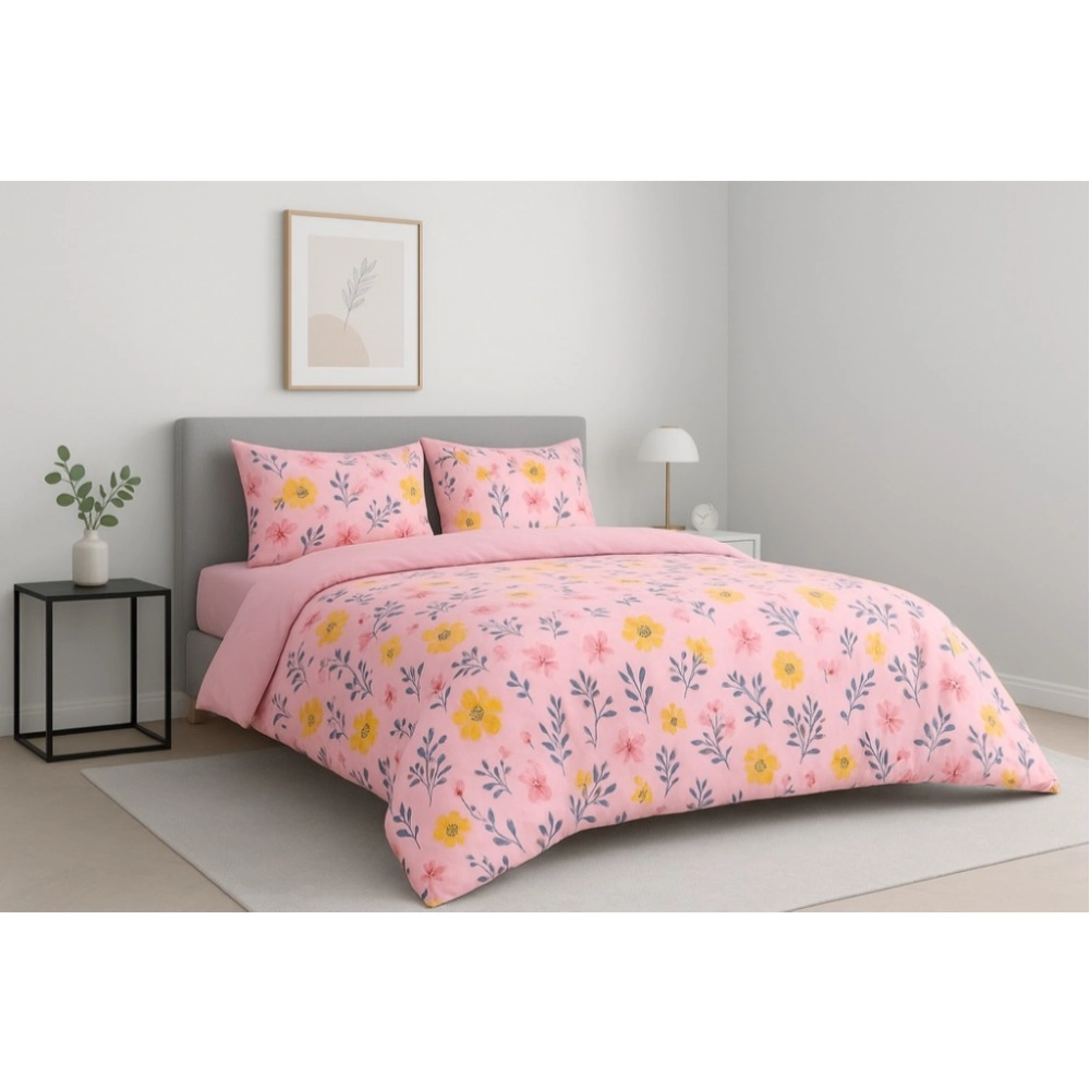 Microfiber Floral Printed Double Bedsheet with 2 Pillow Covers (Pink) - Image 3