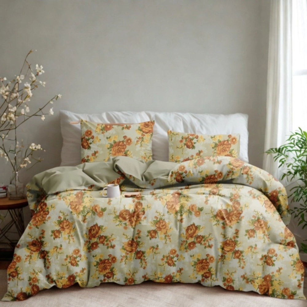 Microfiber Floral Printed Double Bedsheet with 2 Pillow Covers (Beige)