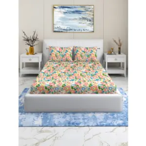 Cotton Blend Floral Printed Double Bedsheet with 2 Pillow Covers (Yellow)