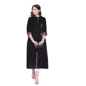 Women's Khadi Printed A Line KurtiĀ (Black, Khadi)
