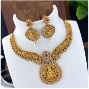 Women's Gold Plated Necklace and Earrings Set with Kundan Work (Multi Color, Free Size)