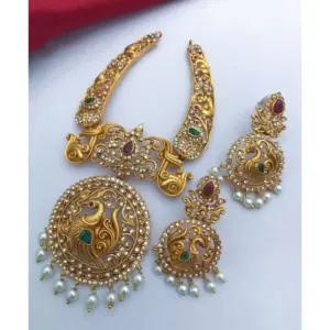 Women's Gold Plated Traditional Necklace and Earrings Set (Multi Color, Free Size)