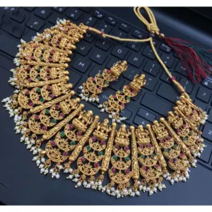 Women's Gold Plated Temple Necklace and Earrings Set (Multi Color, Free Size)