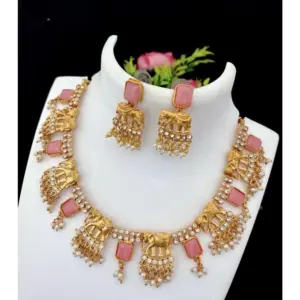 Women's Gold Plated Temple Necklace and Necklace and Earrings Set (Pink, Free Size)