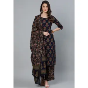Women's Cotton Blend Printed Work Kurti With Bottom And Dupatta Set (Navy Blue)
