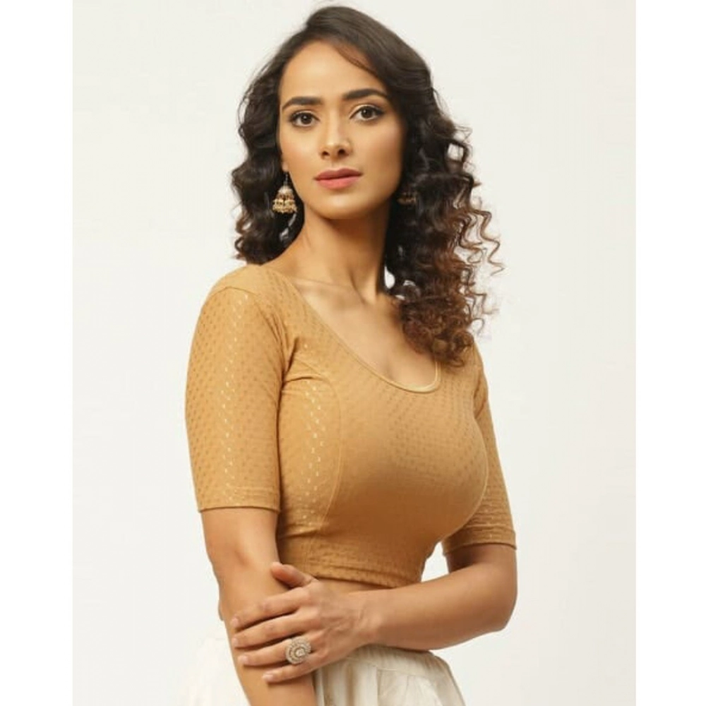 Women's?Cotton Lycra Blend Solid Non Padded Readymade Blouse (Beige, Size: Free Size) - Image 3