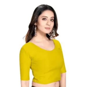 Women's?Cotton Lycra Blend Solid Non Padded Readymade Blouse (Yellow, Size: Free Size)
