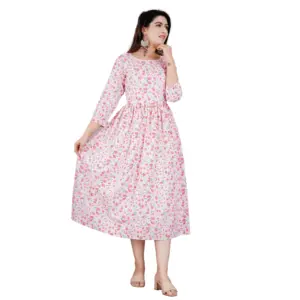Women's Casual 3/4 Sleeve Printed Viscose Maternity Feeding Kurti (Baby Pink)