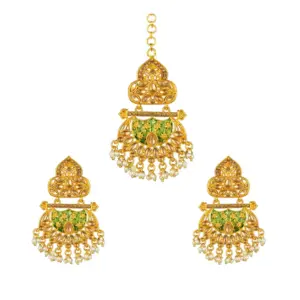 Women's Rose Gold Plated Alloy Kundan Earrings & Mangtikka (Green)