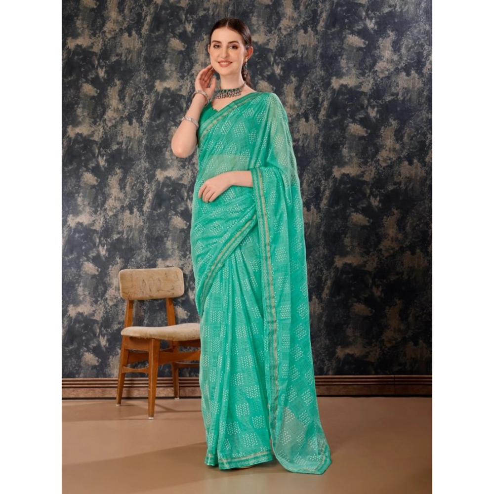 Women's Zomto Checked Saree With Unstitched Blouse (Rama Green, 5-6 Mtrs) - Image 4
