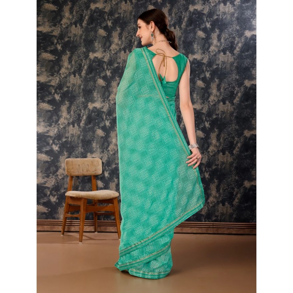 Women's Zomto Checked Saree With Unstitched Blouse (Rama Green, 5-6 Mtrs) - Image 6