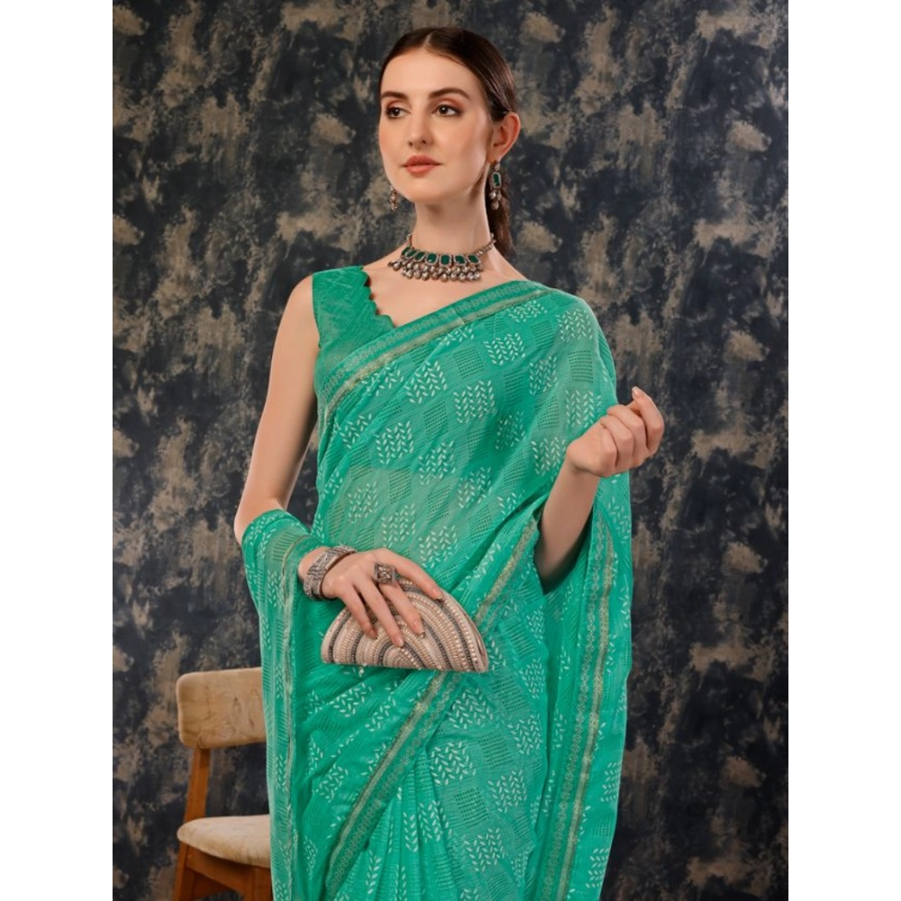 Women's Zomto Checked Saree With Unstitched Blouse (Rama Green, 5-6 Mtrs) - Image 7