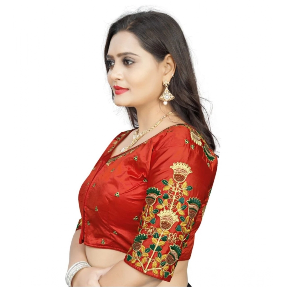 Women's Malai Silk Floral Readymade Blouse (Red, Size: Free Size) - Image 2