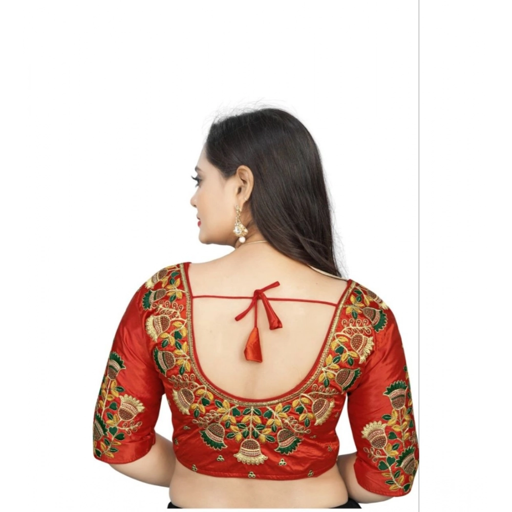 Women's Malai Silk Floral Readymade Blouse (Red, Size: Free Size) - Image 3