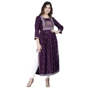 Women's Casual Viscose Rayon 3-4th Sleeve Nayra Cut Kurti (Purple)