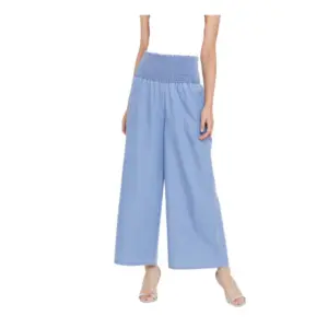 Women's Denim Solid Smocked Trousers (Blue)