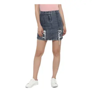 Women's Denim Tie Up Buttoned Skirt (Blue)