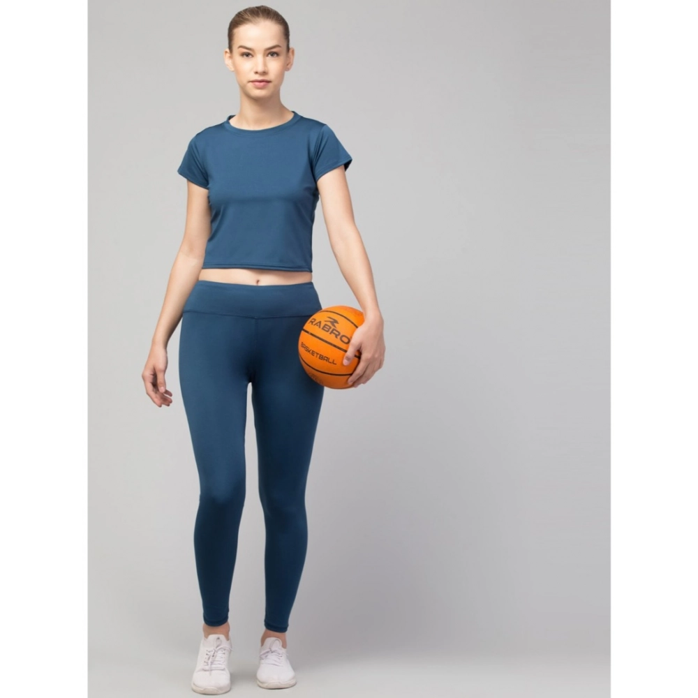 Women's Polyester Solid Ankle Length High-Rise Tights (Teal) - Image 2