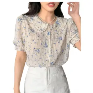 Women's Casual Rayon Cuff Sleeve Printed Collar Neck Shirt (Multicolor)