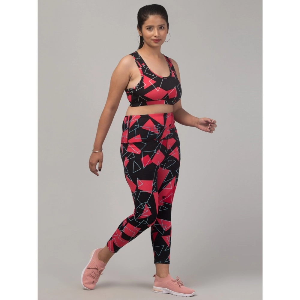 Women's Polyester Spandex Printed Ankle Length High Rise Slip On Tights and Bra Set (Red) - Image 3
