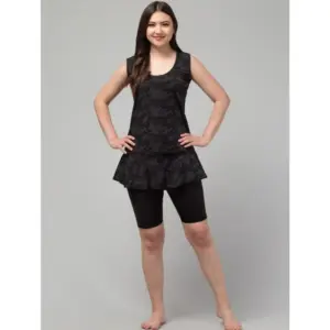 Women's Polyester Spandex Printed Slip On Round Neck Swimsuit Set (Black)