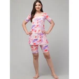 Women's Polyester Spandex Printed Round Neck Swimsuit Set (Multicolor)