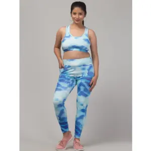 Women's Polyester Spandex Printed Ankle Length High Rise Slip On Tights and Bra Set (Blue)