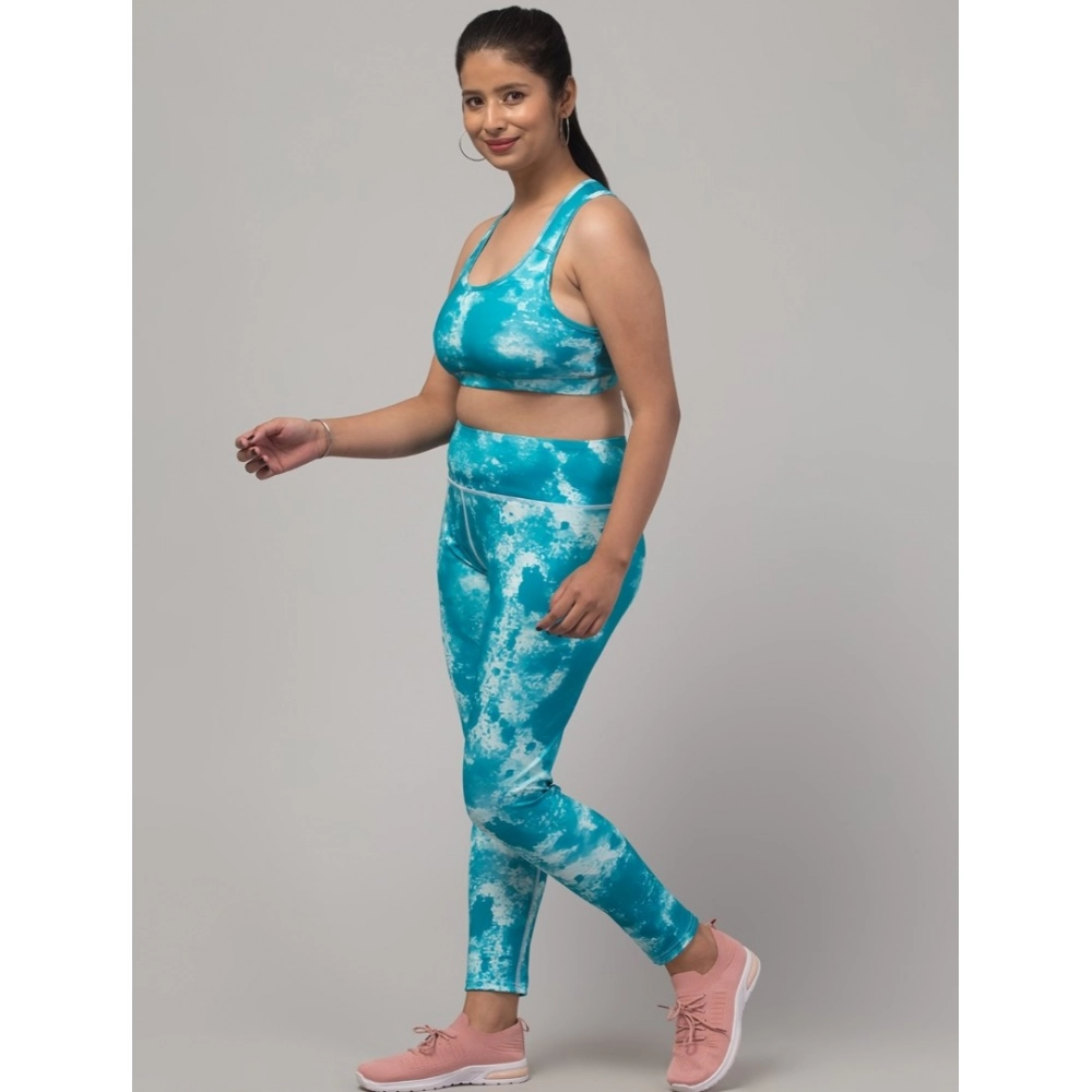 Women's Polyester Spandex Printed Ankle Length High Rise Slip On Tights and Bra Set (SkyBlue) - Image 2
