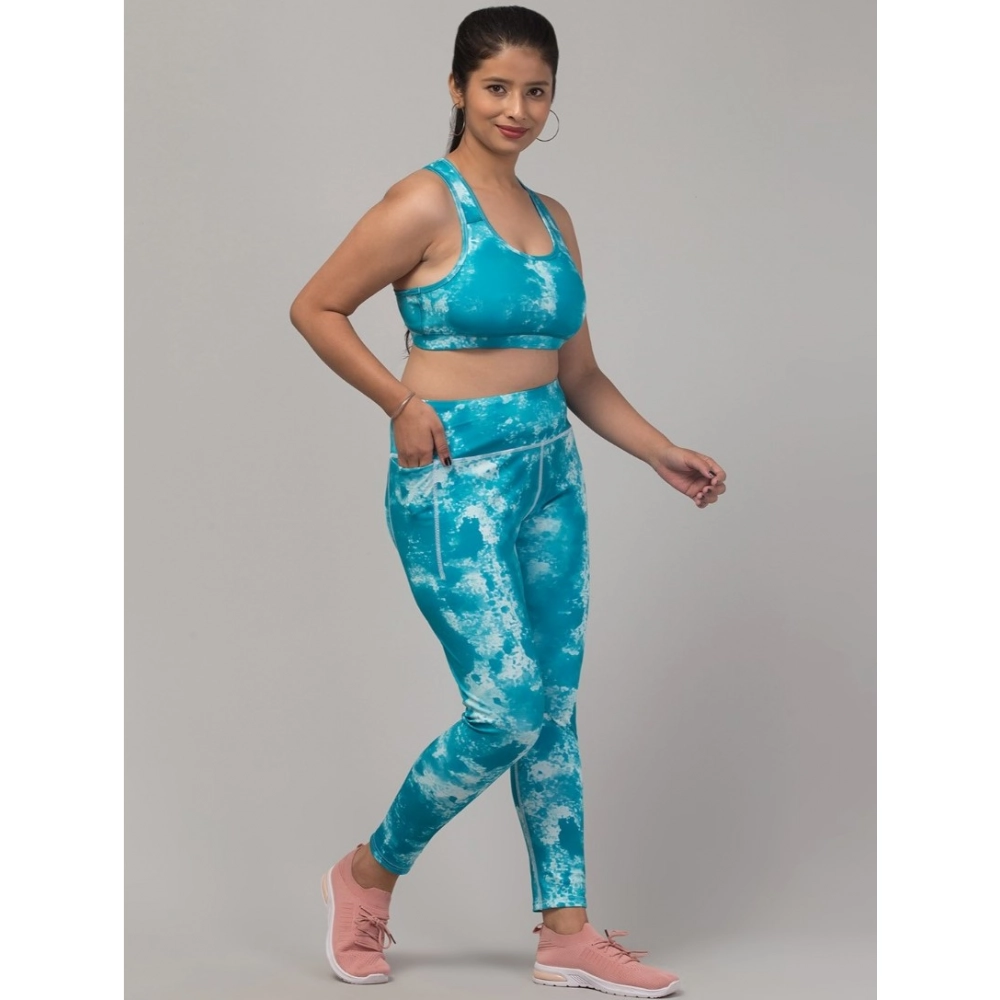 Women's Polyester Spandex Printed Ankle Length High Rise Slip On Tights and Bra Set (SkyBlue) - Image 3