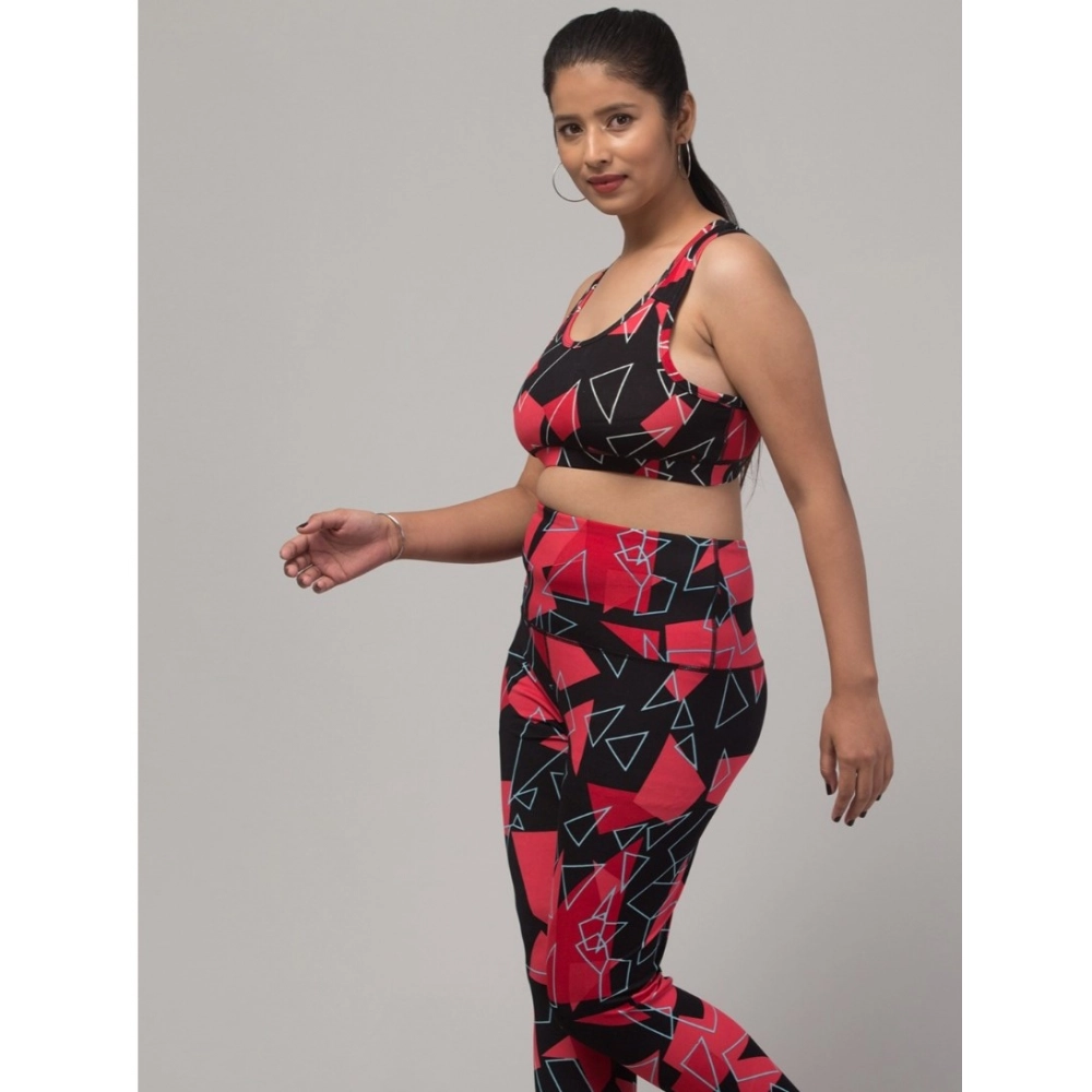 Women's Polyester Spandex Printed Ankle Length High Rise Slip On Tights and Bra Set (Red) - Image 2