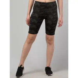 Women's Polyester Spandex Printed Above Knee High Rise Slip On Shorts (Black)