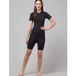 Women's Polyester Spandex Solid Above Knee Slip On Round Neck Swimsuit Set (Black)