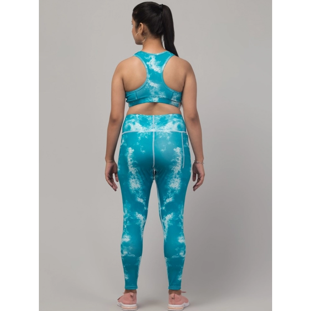 Women's Polyester Spandex Printed Ankle Length High Rise Slip On Tights and Bra Set (SkyBlue) - Image 4