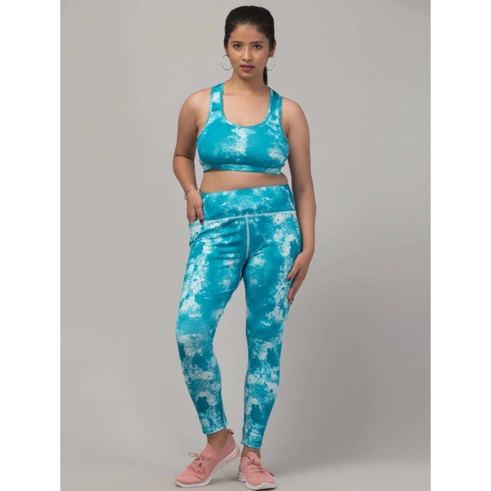 Women's Polyester Spandex Printed Ankle Length High Rise Slip On Tights and Bra Set (SkyBlue)