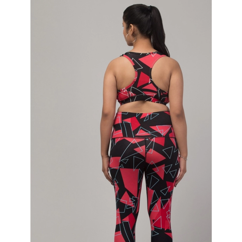 Women's Polyester Spandex Printed Ankle Length High Rise Slip On Tights and Bra Set (Red) - Image 4