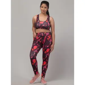 Women's Polyester Spandex Printed Ankle Length High Rise Slip On Tights and Bra Set (Red)