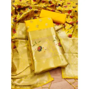 Women's Banarasi Silk Printed Unstitched Salwar Suit Material With Dupatta (Yellow, 3Mtrs)