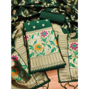 Women's Banarasi Silk Printed Unstitched Salwar Suit Material With Dupatta (Green, 3Mtrs)