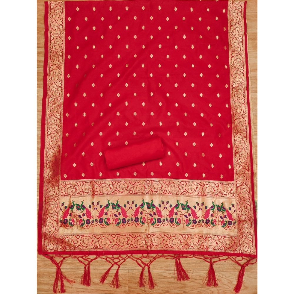 Women's Banarasi Silk Printed Unstitched Salwar Suit Material With Dupatta (Red, 3Mtrs) - Image 3