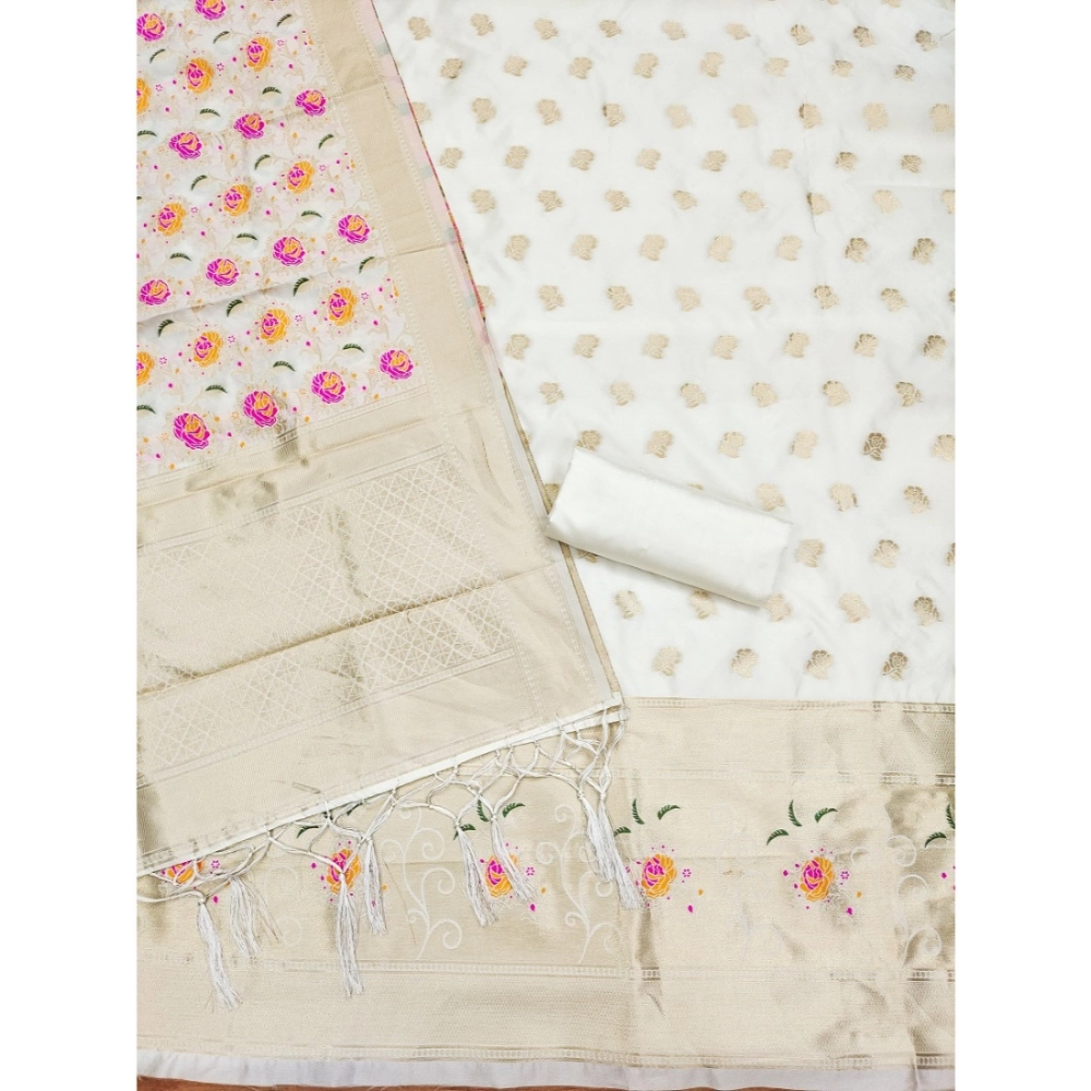Women's Banarasi Silk Printed Unstitched Salwar Suit Material With Dupatta (White, 3Mtrs) - Image 4