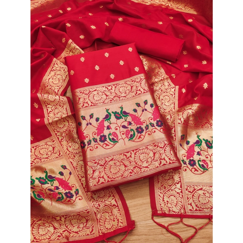 Women's Banarasi Silk Printed Unstitched Salwar Suit Material With Dupatta (Red, 3Mtrs) - Image 4