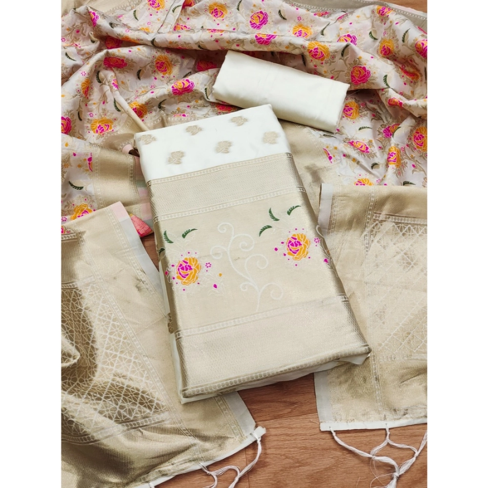 Women's Banarasi Silk Printed Unstitched Salwar Suit Material With Dupatta (White, 3Mtrs) - Image 2