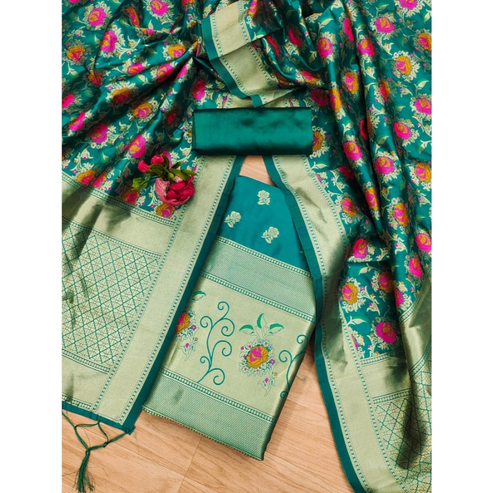 Women's Banarasi Silk Printed Unstitched Salwar Suit Material With Dupatta (Rama, 3Mtrs) - Image 2