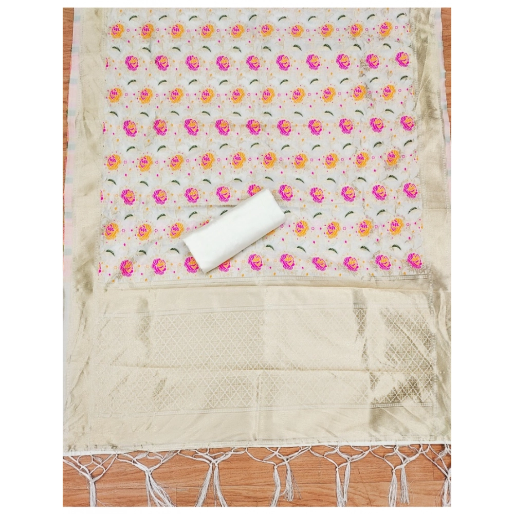 Women's Banarasi Silk Printed Unstitched Salwar Suit Material With Dupatta (White, 3Mtrs) - Image 3