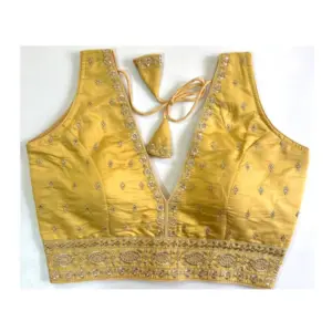 Women's Silk Thread work V Neck Sleeve Less Readymade Blouse (Yellow, Free Size)