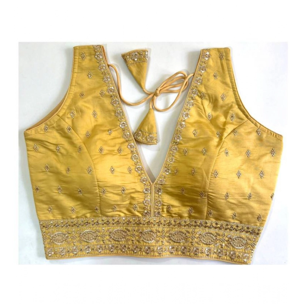 Women's Silk Thread work V Neck Sleeve Less Readymade Blouse (Yellow, Free Size)