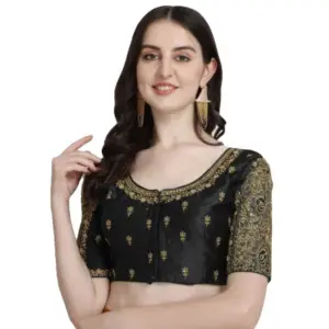 Women's Phantom Silk Woven Round Neck Short Sleeve Readymade Blouse (Black, Free Size)