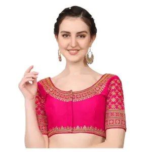 Women's Silk Embroidery Coding Round Neck Short Sleeve Readymade Blouse (Pink, Free Size)